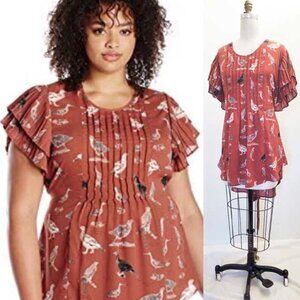 Melissa McCarthy Seven 7 Womens Bird print Pleated Ruffle Sleeve Top Blouse 2X